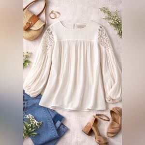 Loft Women's Cream Casual Shirt Long Sleeve Pullover Top Large